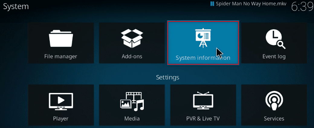 Selecione Informações do sistema nas configurações do kodi. Como otimizar o Kodi