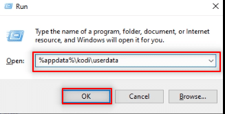 Geben Sie kodi userdata in die Leiste ein und klicken Sie auf die Schaltfläche OK