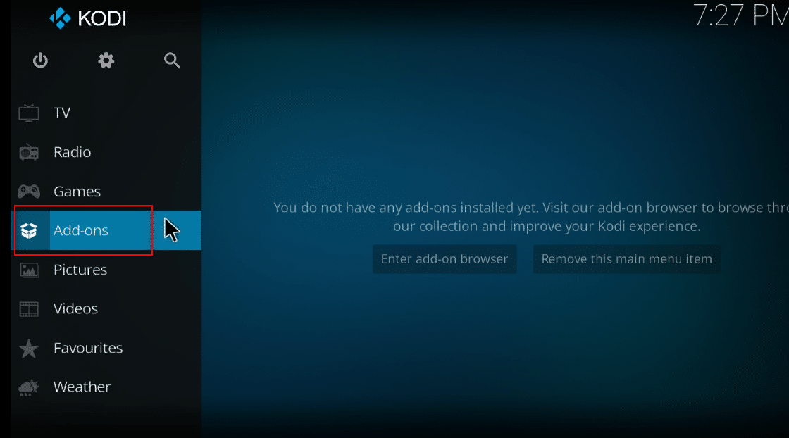 ค้นหาแท็บ Add-on และคลิกที่มัน วิธีเพิ่มประสิทธิภาพ Kodi