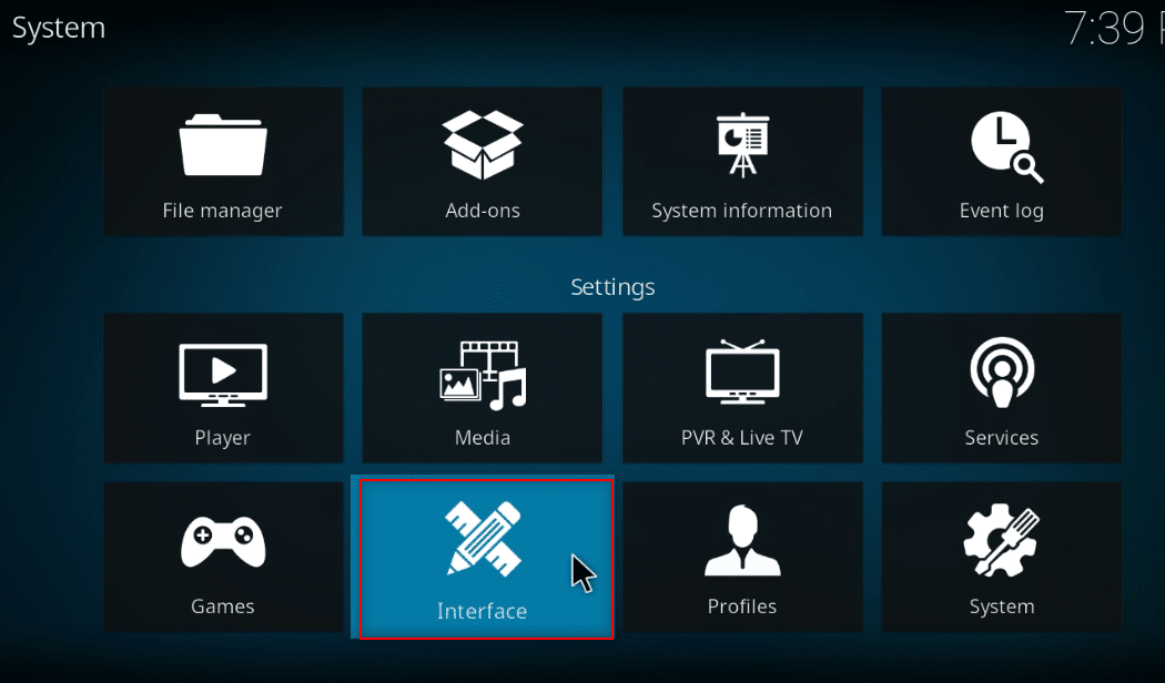 คลิกที่การตั้งค่าอินเทอร์เฟซ วิธีเพิ่มประสิทธิภาพ Kodi