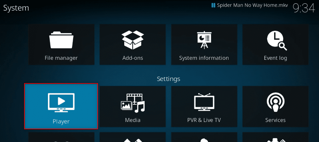 Selecione a opção Player nas configurações do Kodi