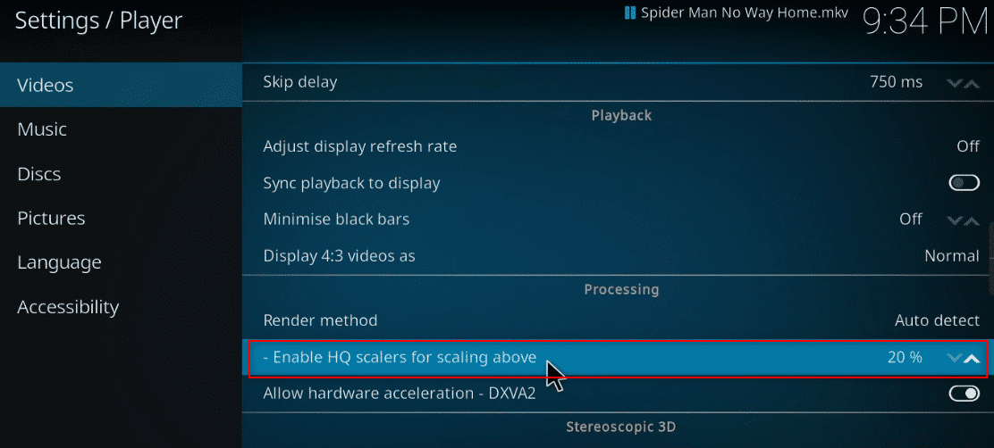 Clique na seta para baixo na configuração Ativar dimensionadores HQ para dimensionar acima no kodi