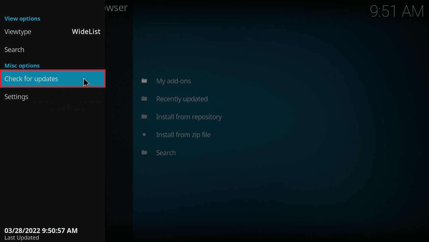 คลิกที่ตัวเลือก ตรวจสอบการอัปเดต วิธีเพิ่มประสิทธิภาพ Kodi