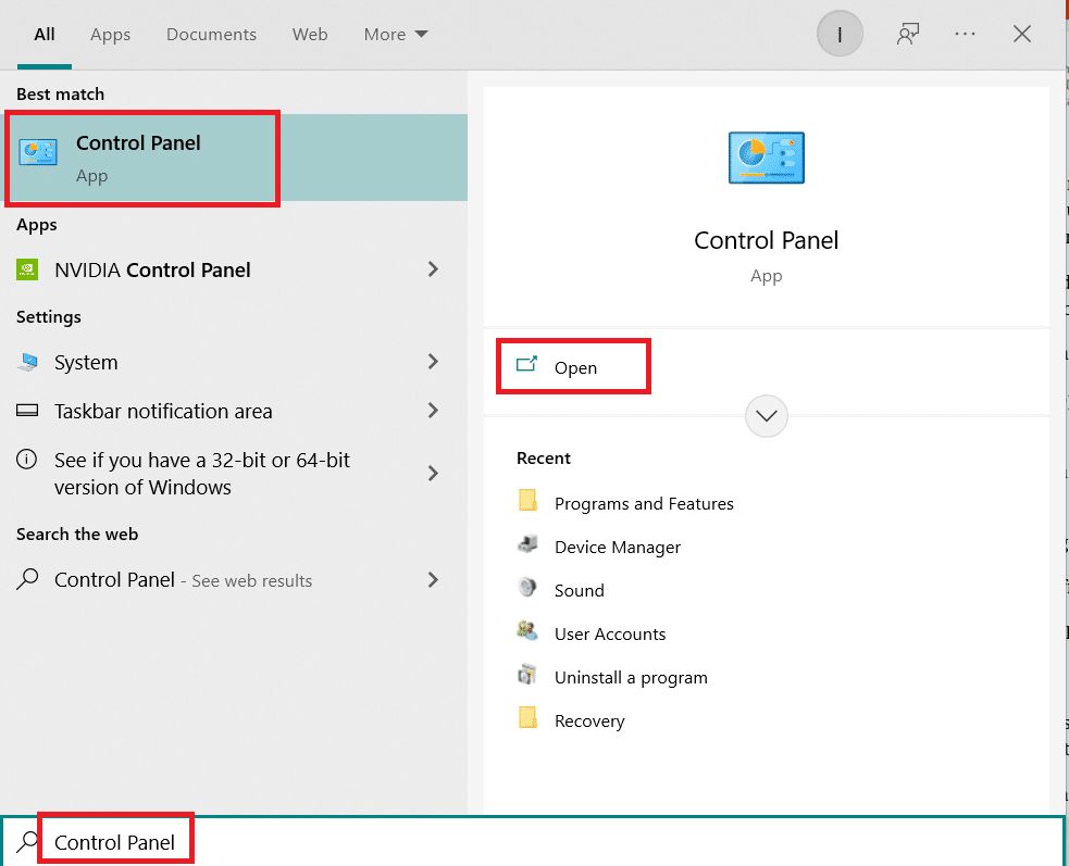 Panoul de control din bara de căutare Windows. Remediați eroarea procesului MoUsoCoreWorker.exe