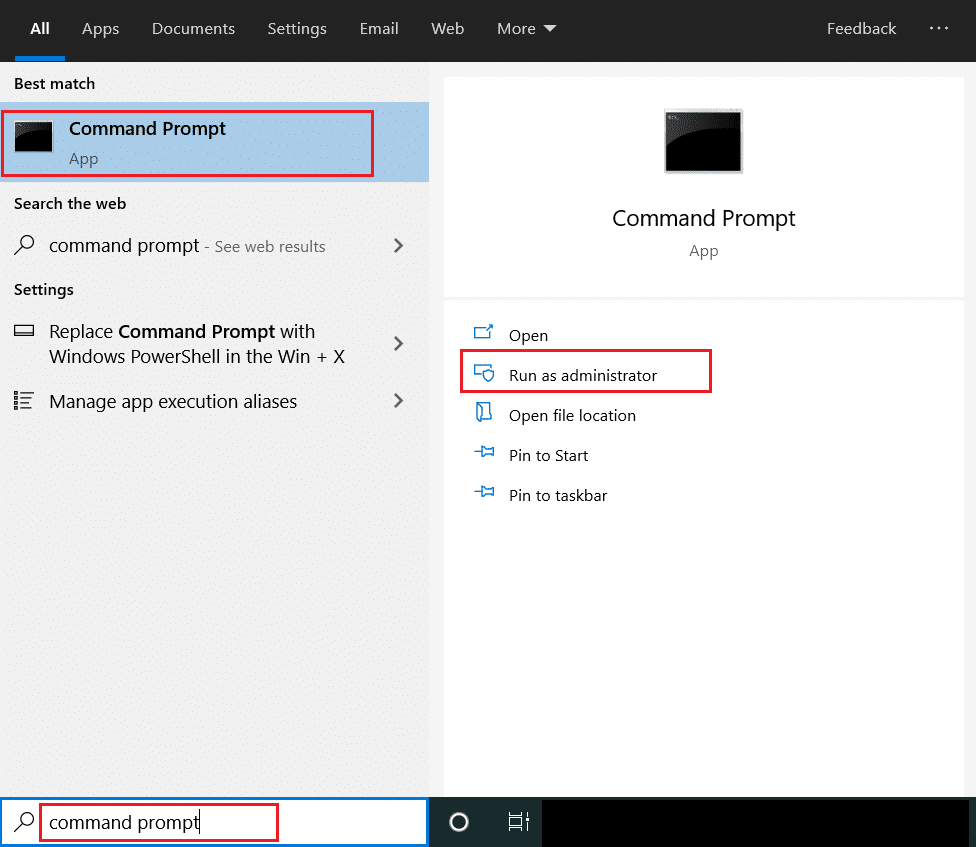 검색 메뉴의 명령 프롬프트. Windows 10에서 MoUsoCoreWorker.exe MoUSO 핵심 작업자 프로세스 수정