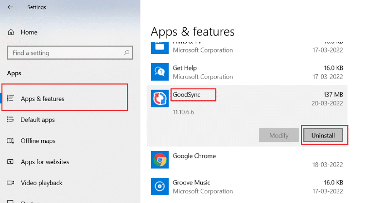 ปุ่มถอนการติดตั้งสำหรับแอป GoodSync แก้ไขข้อผิดพลาดกระบวนการ MoUsoCoreWorker.exe