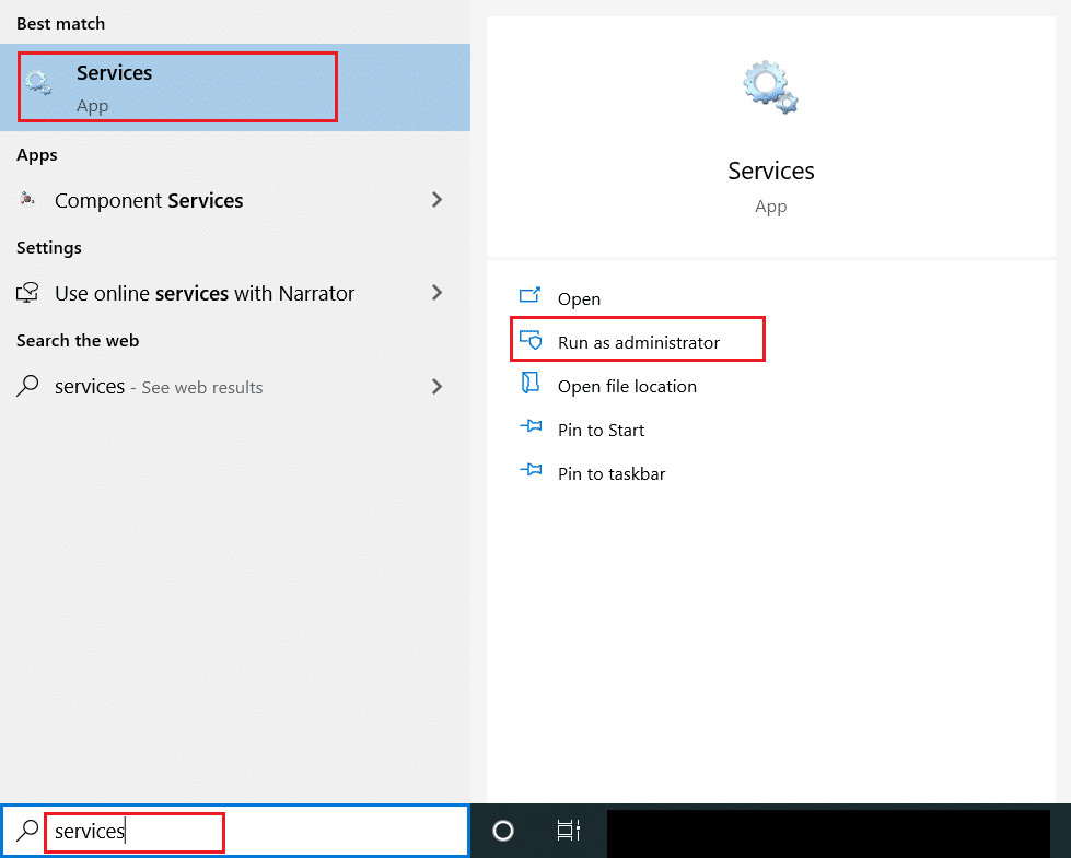 Ventana de servicios en la barra de búsqueda. Arreglar el proceso MoUSO Core Worker en Windows 10