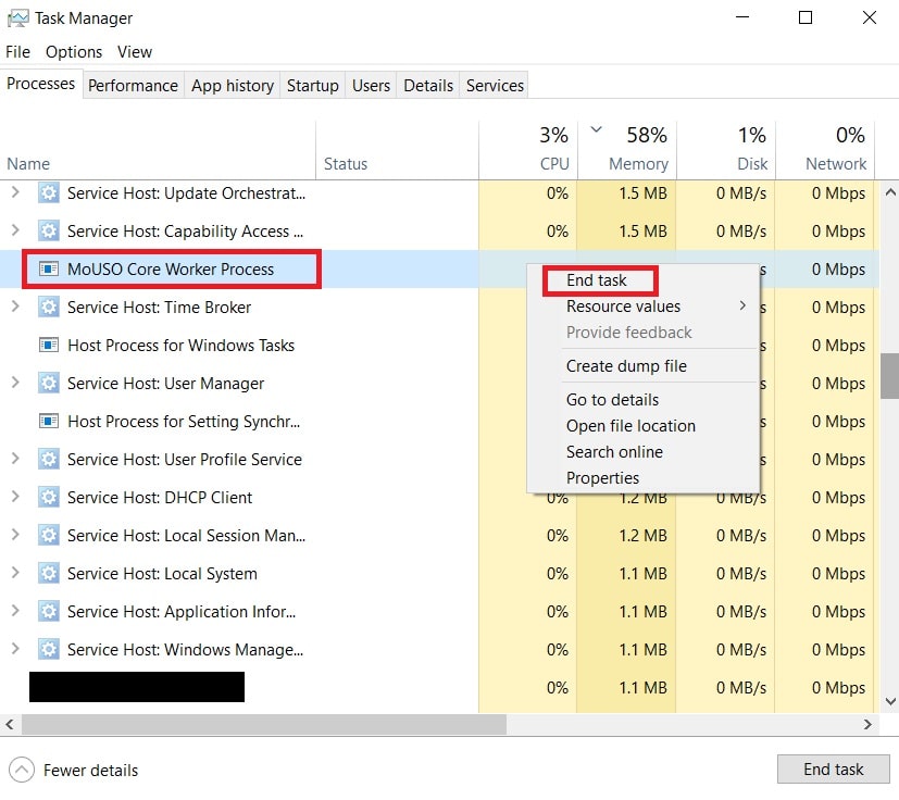 Görevi sonlandır seçeneği. Windows 10'da MoUSO Core Worker MoUsoCoreWorker.exe işlem hatasını düzeltin