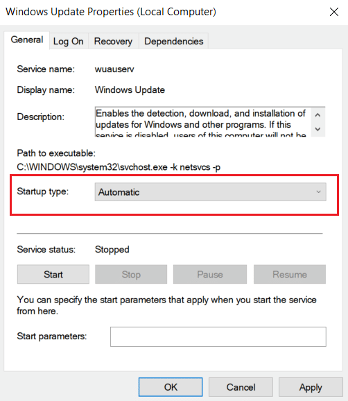 Type de démarrage défini sur Automatique. Correction de l'erreur de processus MoUsoCoreWorker.exe