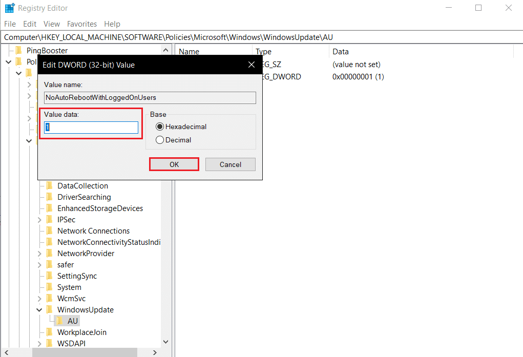 ตั้งค่าข้อมูลค่าคีย์ NoAutoRebootWithLoggedOnUsers เป็น 1 ใน Registry Editor แก้ไขค่า Dword