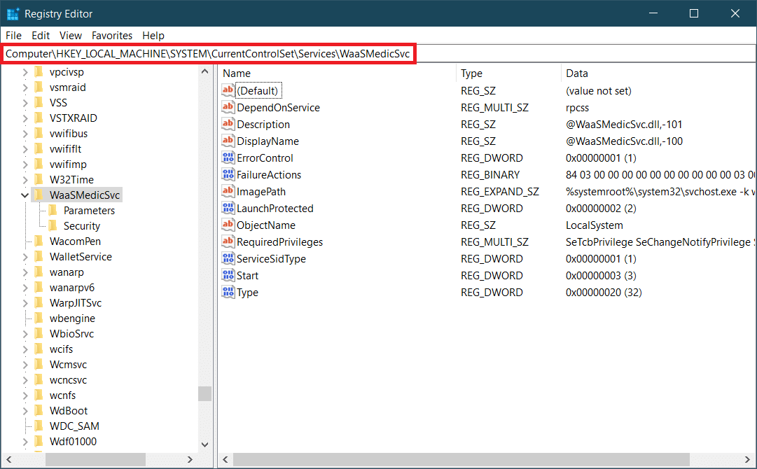 Janela do Editor do Registro. Como corrigir o alto uso de disco WaasMedicSVC.exe no Windows 10