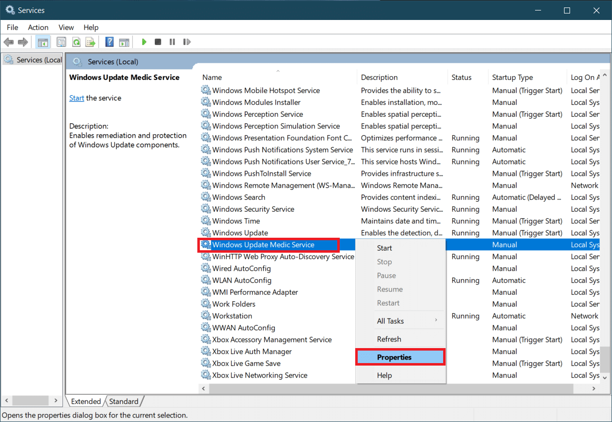 Opção de propriedades. Como corrigir o alto uso de disco WaasMedicSVC.exe no Windows 10