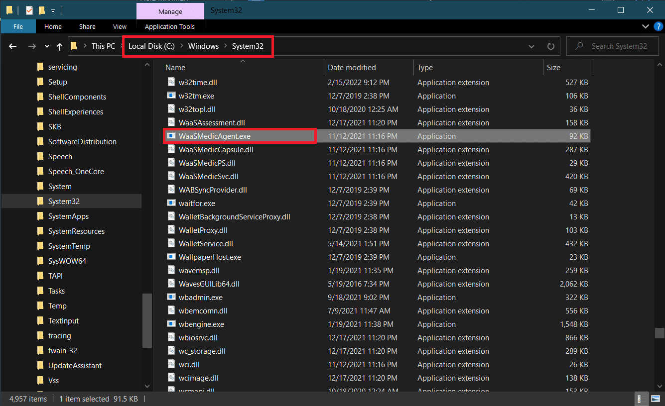 WaasMedicAgent.exe ถูกเน้นในโฟลเดอร์ System32