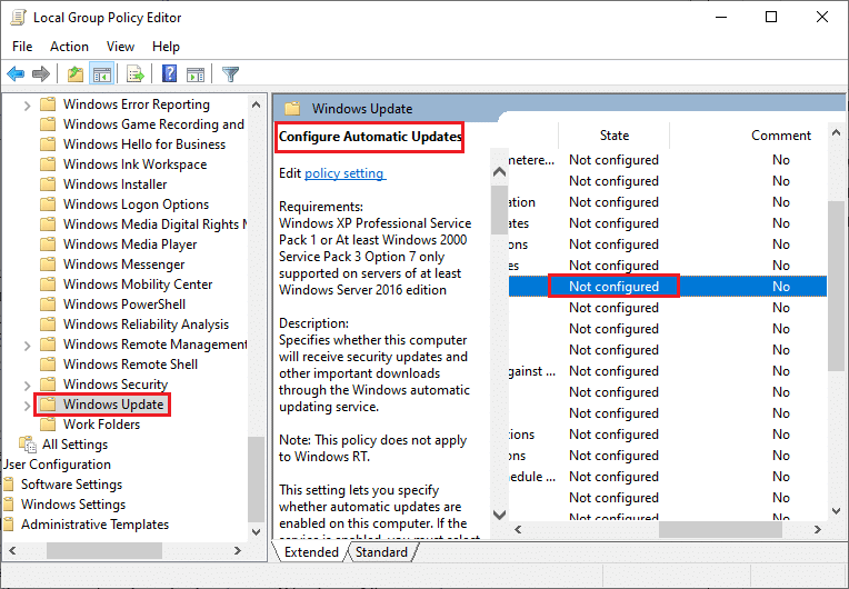 Configurar atualizações automáticas está selecionado. Como corrigir o erro do Windows Update 0x80070057