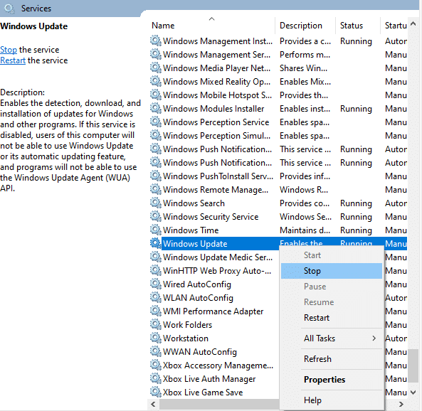 서비스 창에서 Windows 업데이트를 선택했습니다.