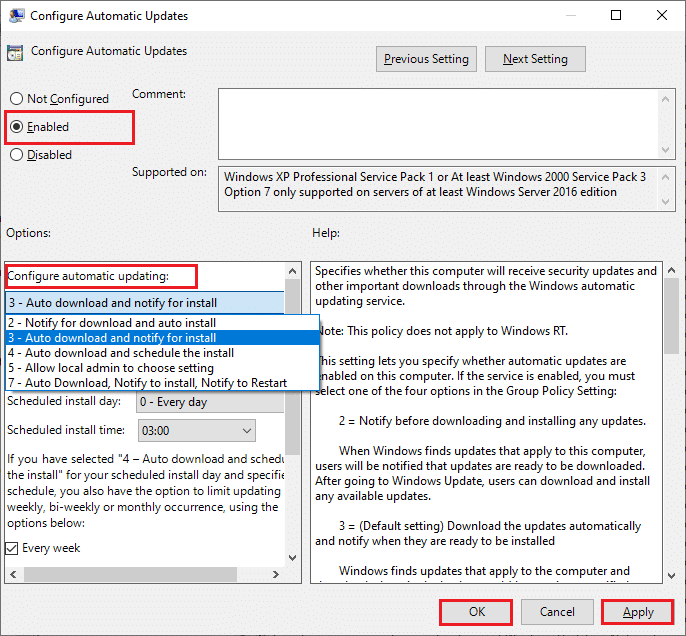 Configura la finestra Aggiornamenti automatici.