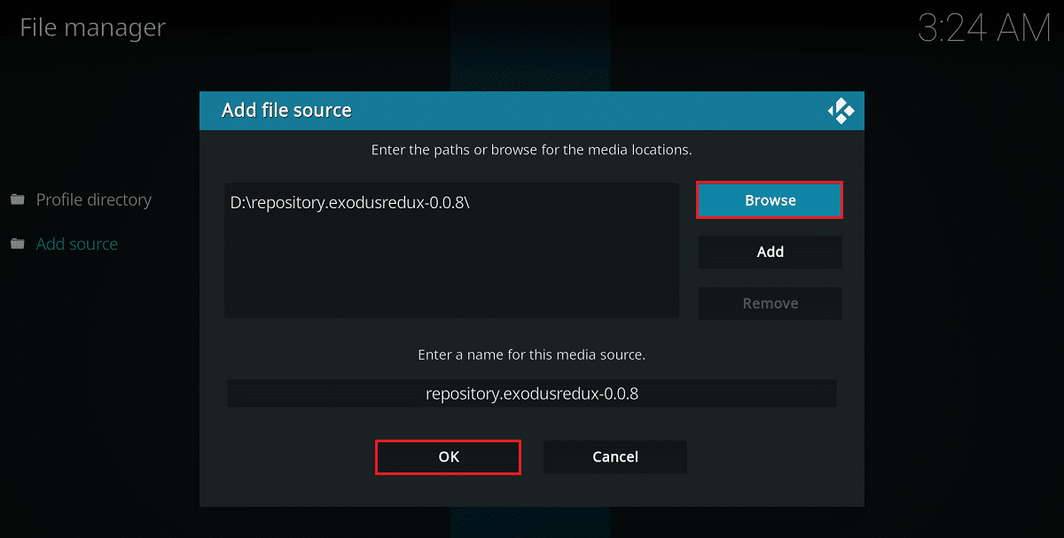 เพิ่มแหล่งที่มาของไฟล์เพื่อติดตั้ง exodus redux kodi เพิ่มบน