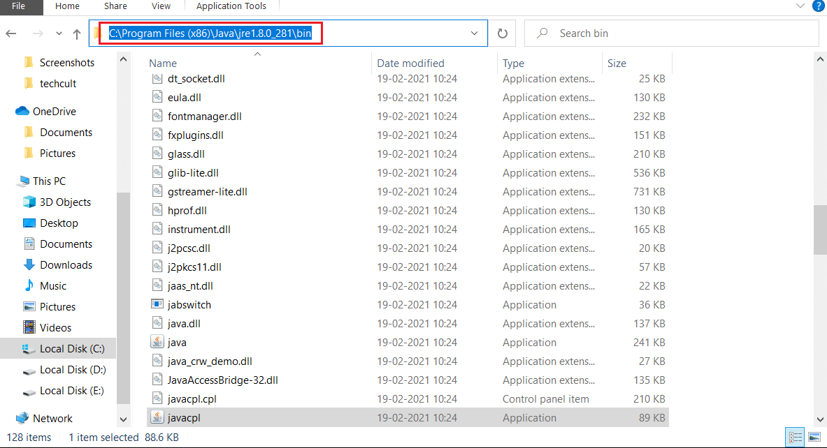 Speicherort der Java-Datei im Datei-Explorer. Fix konnte die Java Virtual Machine in Windows 10 nicht erstellen