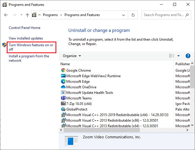 Windows 기능 켜기 또는 끄기 옵션