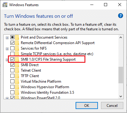 Option de prise en charge du partage de fichiers CIFS SMB 1.0