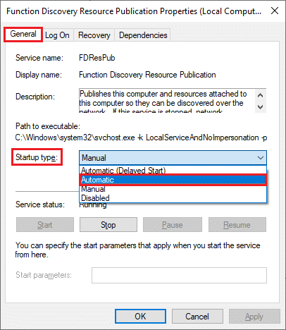 Option automatique dans le menu déroulant Type de démarrage