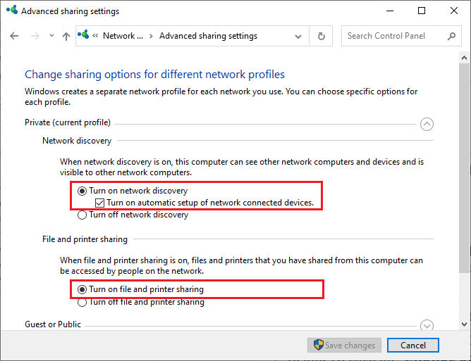 Ventana de configuración de uso compartido avanzado