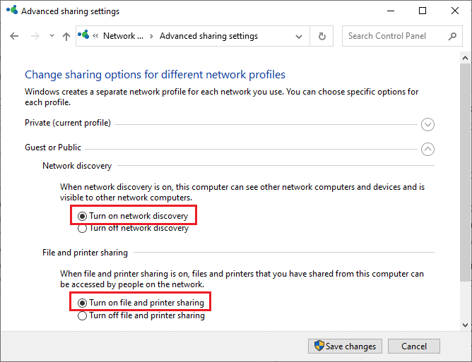 Ventana de configuración de uso compartido avanzado. Cómo activar la detección de redes en Windows 10