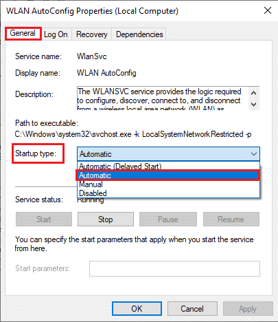 Ahora, configure el Tipo de inicio en Automático. Arreglar el servicio de configuración automática inalámbrica wlansvc no se está ejecutando en Windows 10