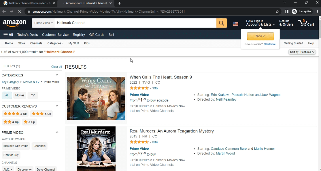 Hallmark Channel in Prime Video