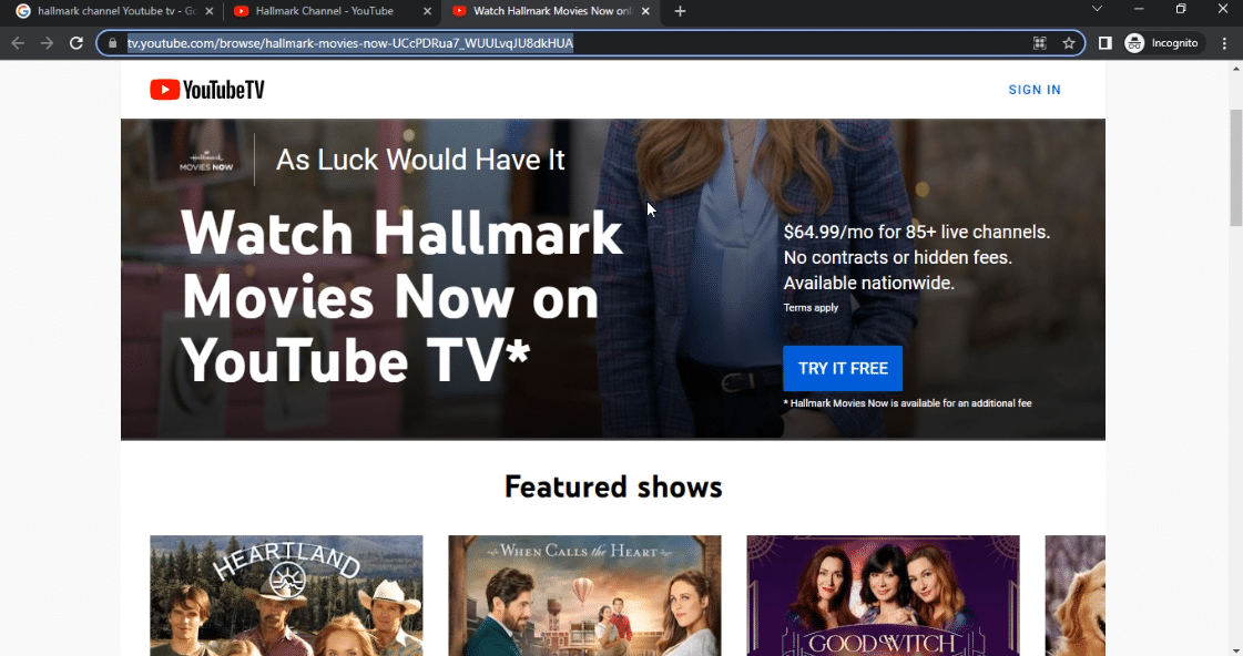 Canalul Hallmark pe YouTube TV