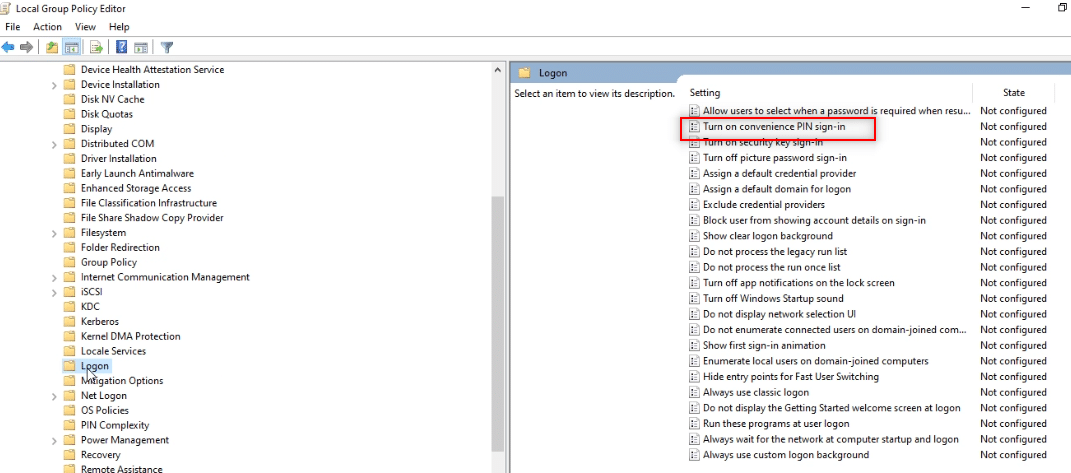 haga doble clic en la opción Activar inicio de sesión con PIN de conveniencia. Cómo quitar el PIN de inicio de sesión de Windows 10