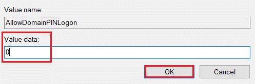 レジストリエディタでAllowDomainPINLogon値データを0に編集します