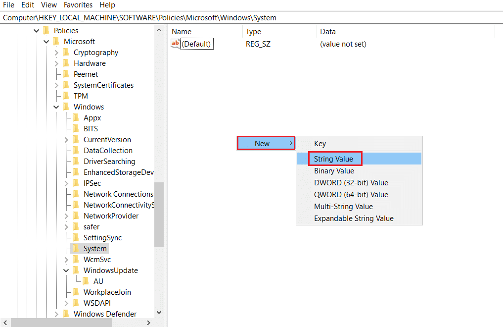 คลิกขวาและเลือก New และคลิกที่ตัวเลือก Edit String ในโฟลเดอร์ System key ใน Registry Editor