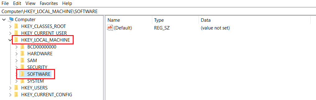 โฟลเดอร์ HKEY LOCAL MACHINE จากนั้นเปิดโฟลเดอร์ SOFTWARE ใน Registry Editor