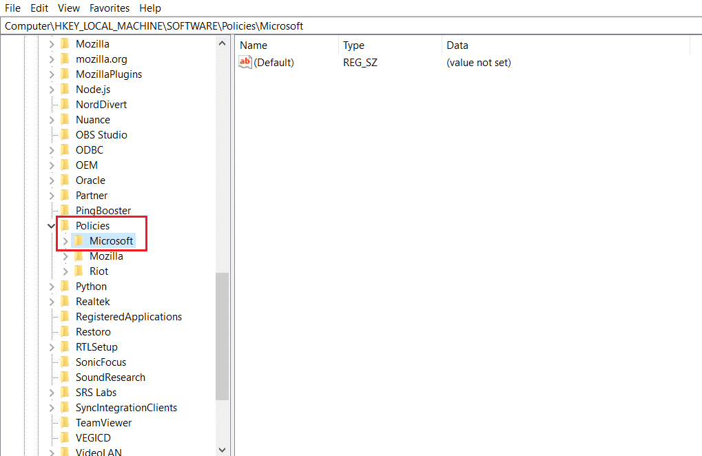 ไปที่นโยบายและเปิดโฟลเดอร์ Microsoft ใน Registry Editor