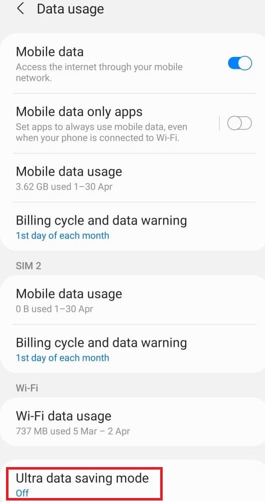 Gulir ke bawah dan ketuk mode hemat data Ultra.