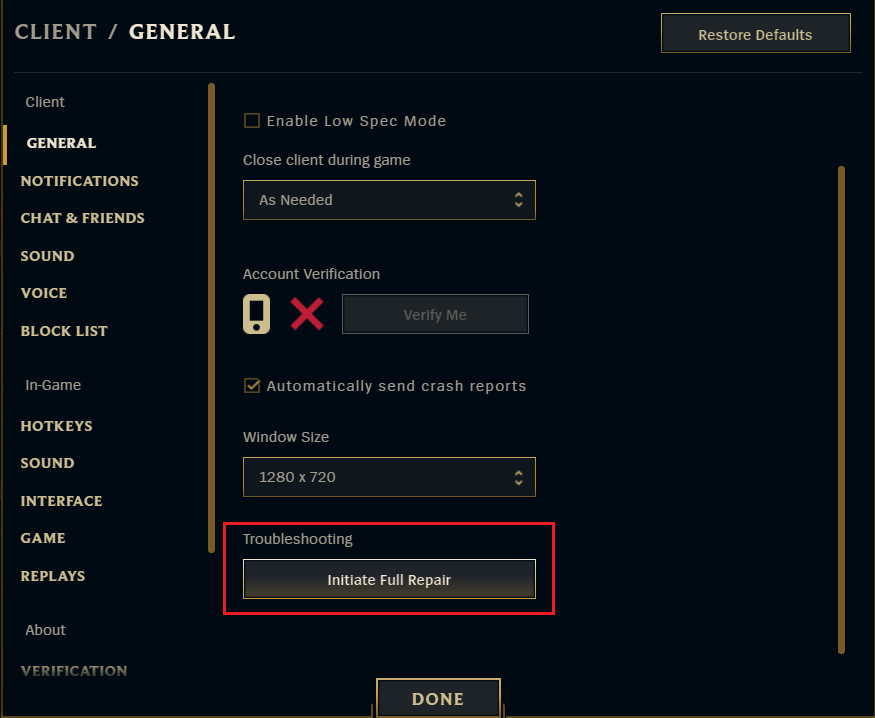 cliquez sur lancer la réparation complète dans les options de dépannage des paramètres généraux League of legends