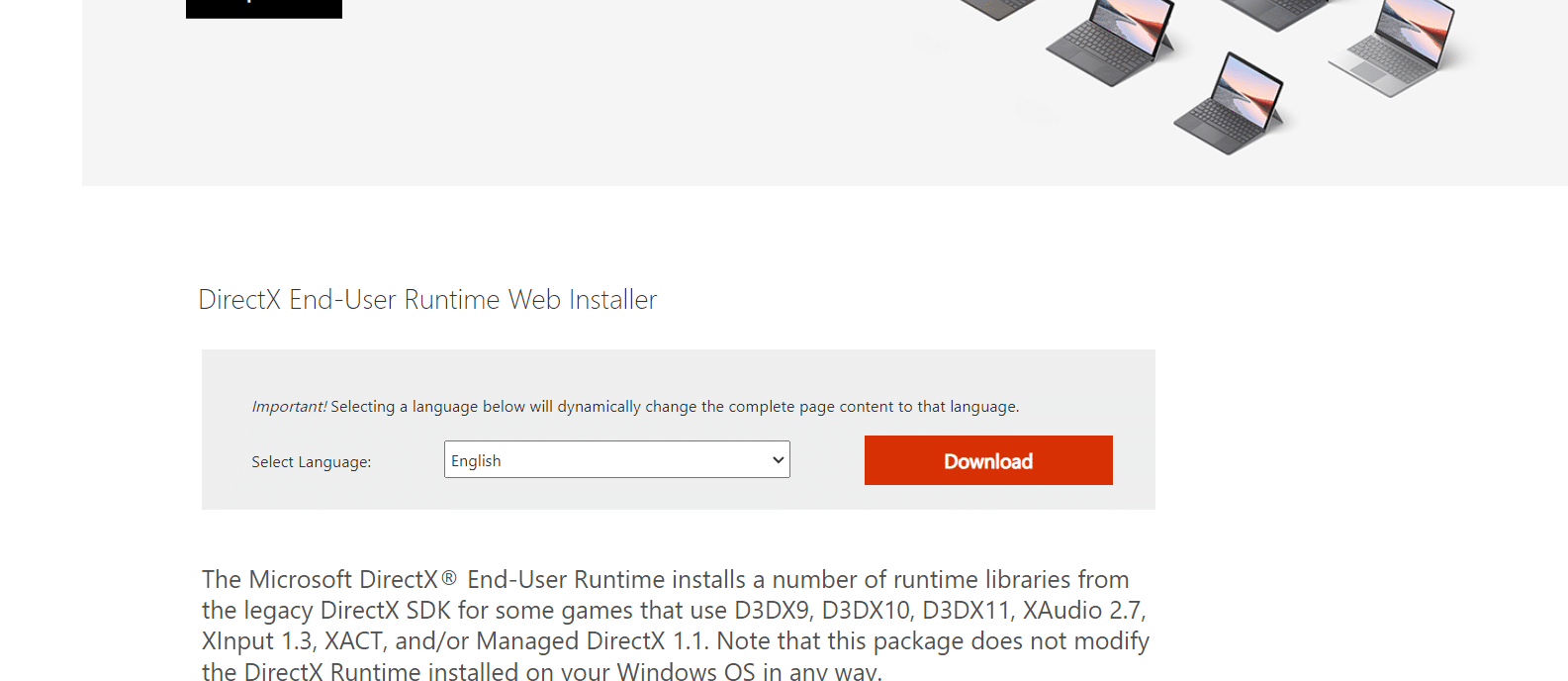 Page de téléchargement de DirectX End-User Runtime Web Installer