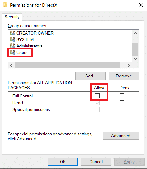 Autorisations pour la fenêtre DirectX