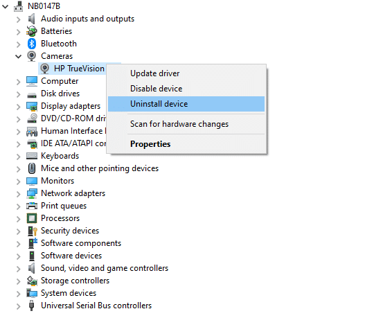 Maintenant, faites un clic droit sur le pilote et sélectionnez Désinstaller le périphérique. Correction de la caméra utilisée par une autre application dans Windows 10