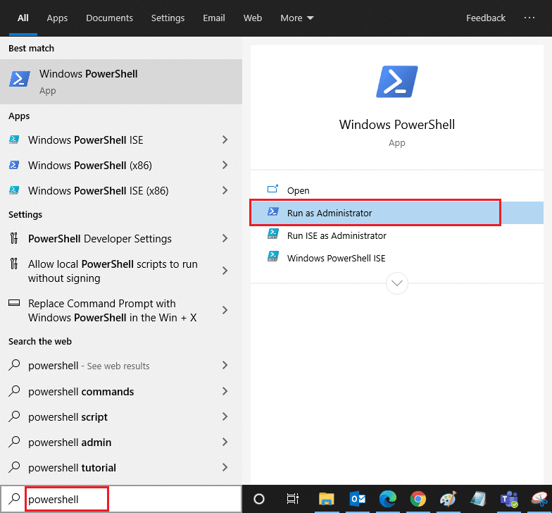 Ketik Powershell di bilah pencarian dan klik Jalankan sebagai Administrator