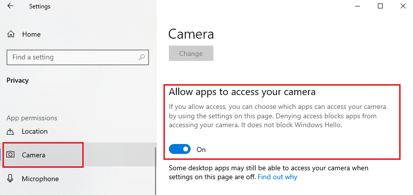 Assicurati che l'opzione Consenti alle app di accedere alla tua fotocamera sia abilitata