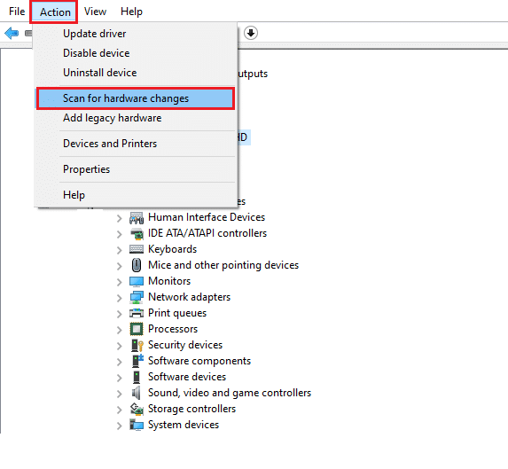 Agora, mude para a guia Ação e selecione a opção Verificar alterações de hardware