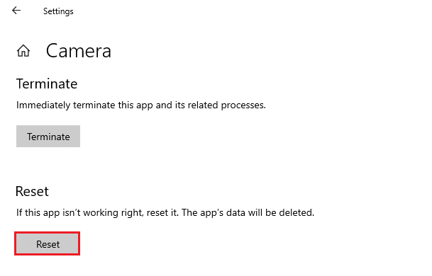 Em seguida, role a tela para baixo e selecione a opção Redefinir. Corrigir a câmera em uso por outro aplicativo no Windows 10