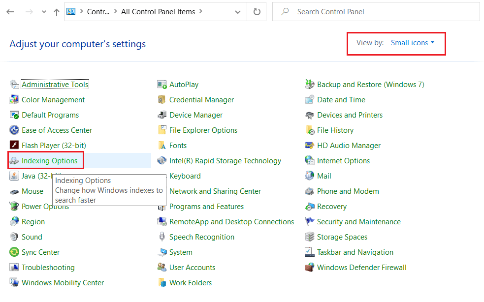 opsi pengindeksan di panel kontrol