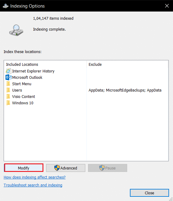 cliquez sur l'option Modifier dans les options d'indexation. Correction du menu de démarrage d'erreur critique de Windows 10 et Cortana ne fonctionne pas