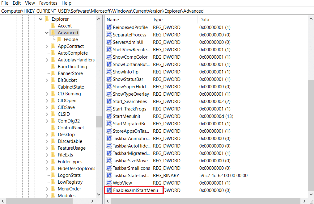 레지스트리 편집기에서 EnablexamlStartMenu라는 새 문자열을 만듭니다. Windows 10 치명적인 오류 시작 메뉴 및 Cortana가 작동하지 않는 문제 수정