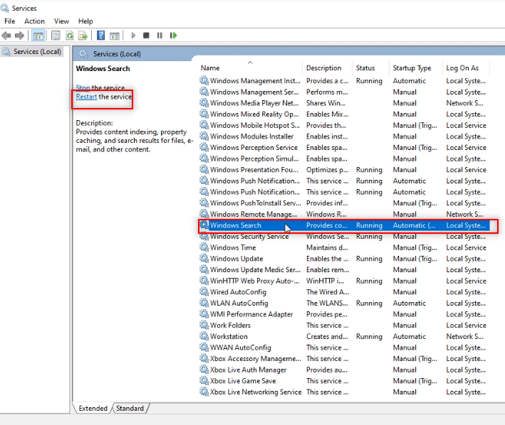 Seleccione el servicio Búsqueda de Windows en la lista y haga clic en la opción Reiniciar