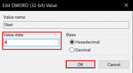 レジストリエディタのWpnService開始文字列で値データを4に設定します