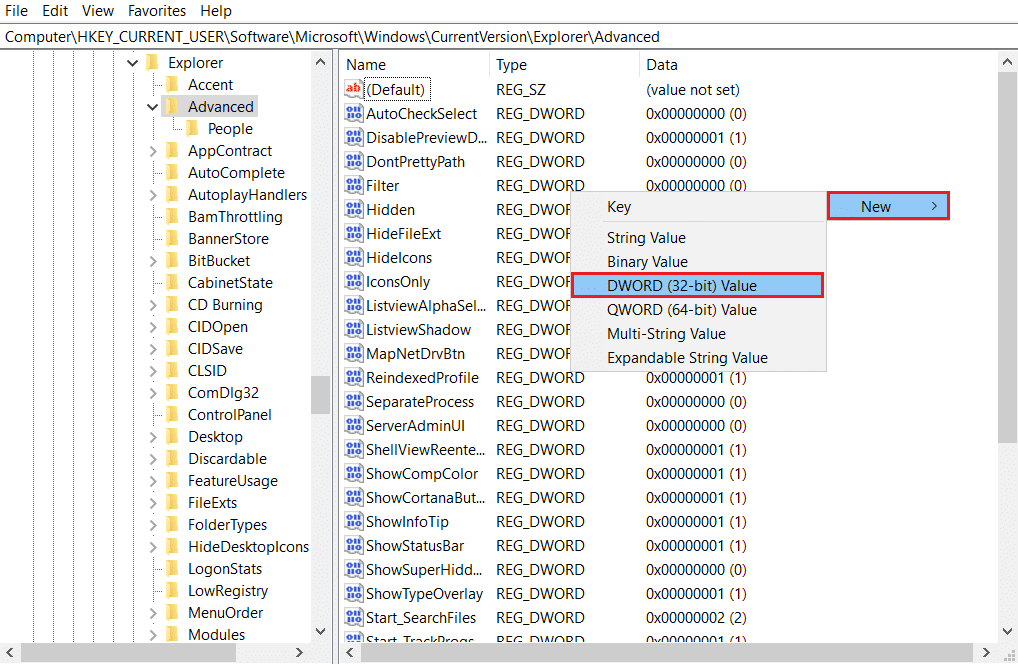 fare clic con il pulsante destro del mouse su Avanti e selezionare Modifica valore Dword